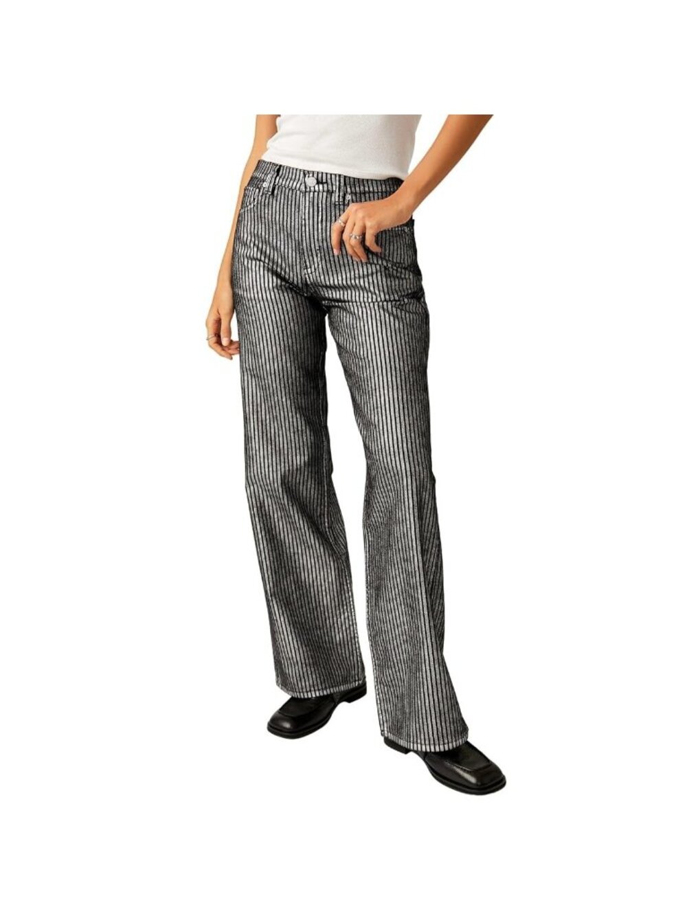 Free People We The Free Tinsley Metallic Stripe Baggy Bootcut Jeans 28"